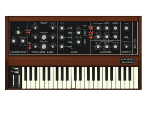A vintage-style analog synthesizer with black and white keys, wooden side panels, and a control panel featuring knobs and switches—an ideal addition to any studio and one of the best gift ideas for musicians.